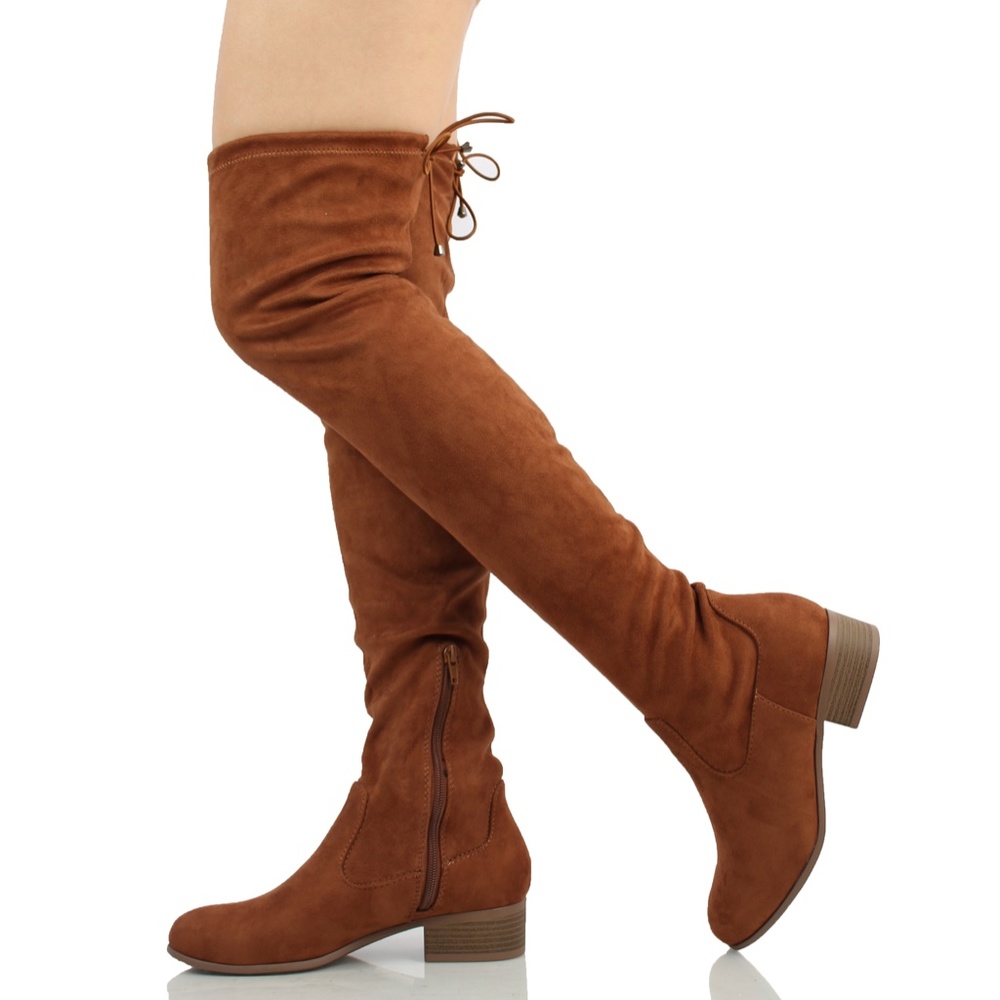 Russet Faux Suede Over The Knee Low Heel Back Lace Tie Boot